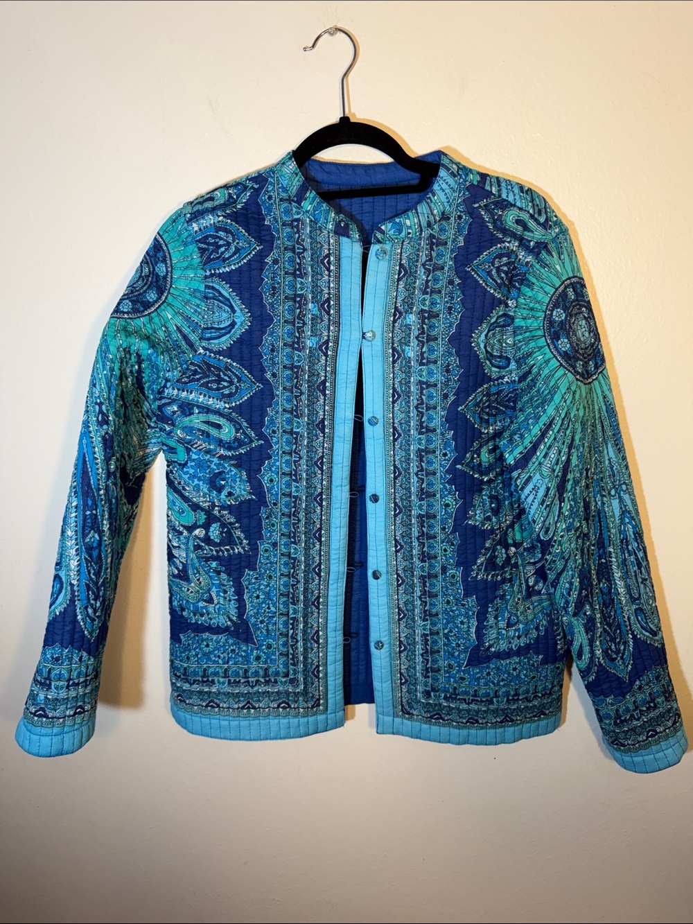 Blue Paisley Boho Cotton Quilted Reversible Jacket - Women's S/M